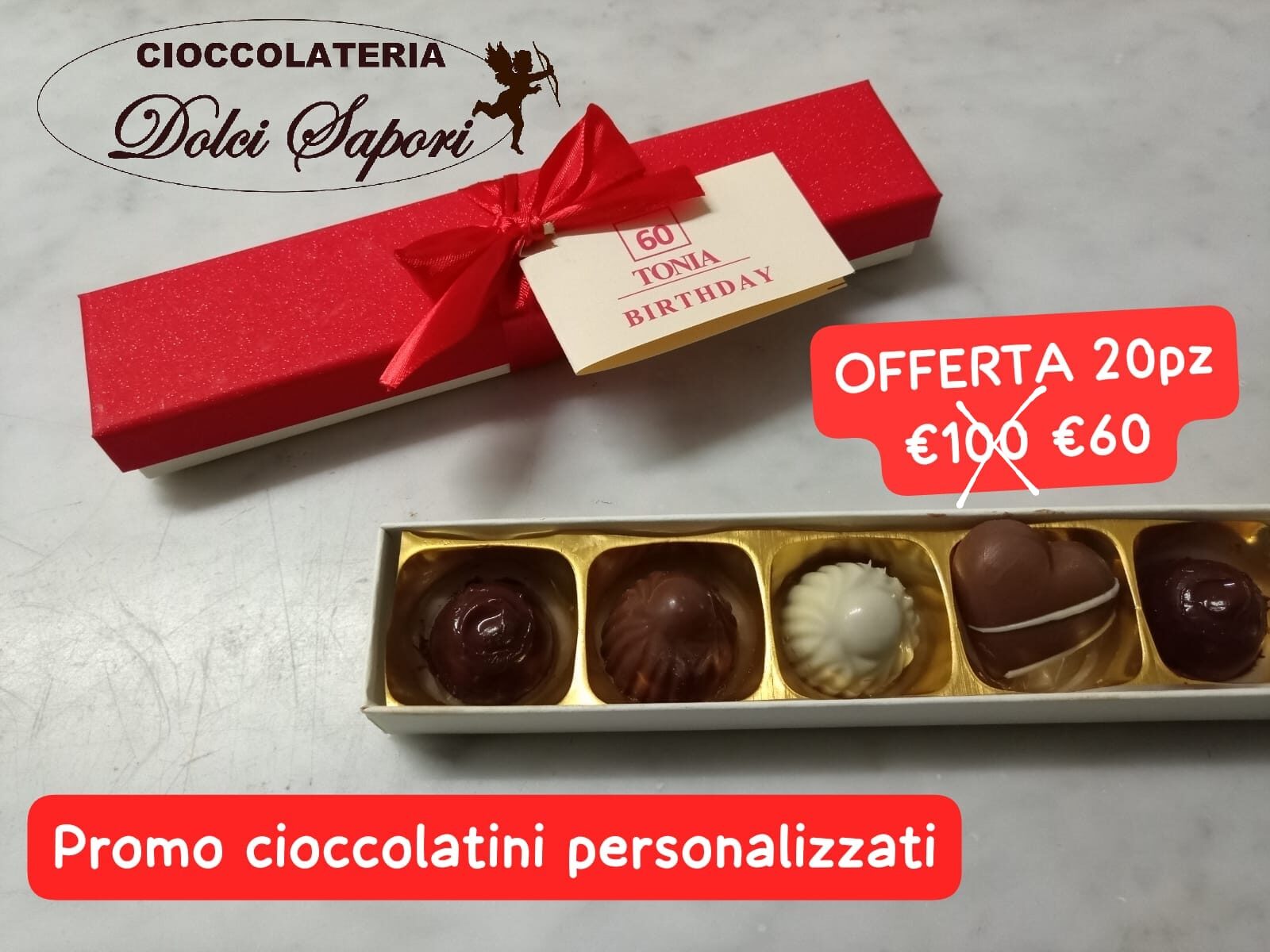 scatolino con 5 cioccolatini + biglietto personalizzato sconto da 20 pz 3 €